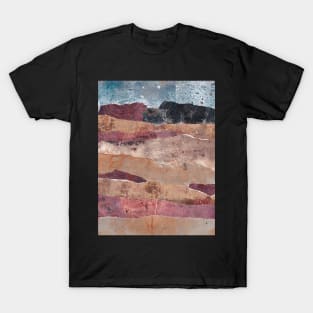 Abstract landscape with mountains and sky, red rock, mixed media collage T-Shirt